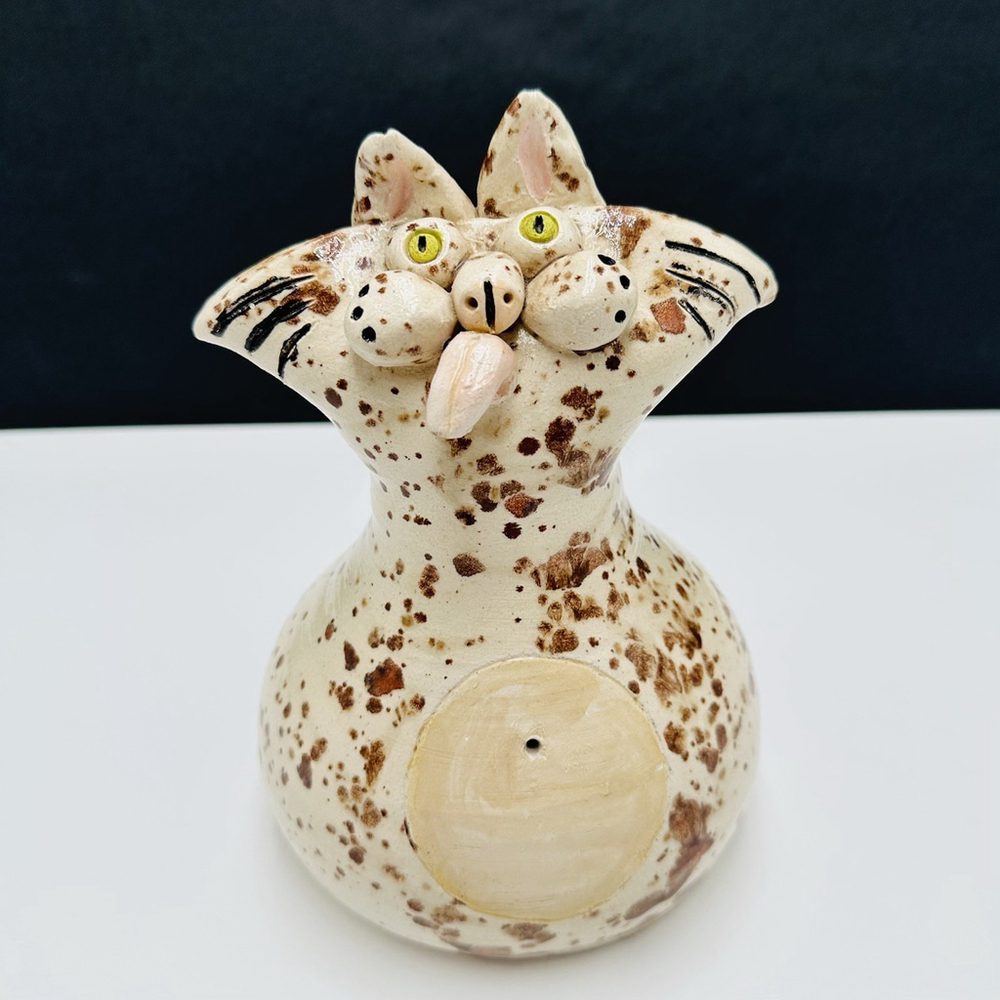Studio Pottery Cat Whimsical 8” Figurine Raku Signed Folk Art Ceramic 2 lbs